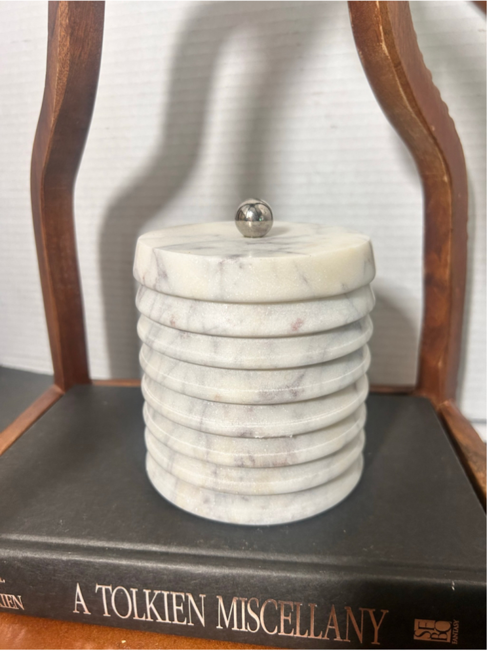 VTG Marble Ribbed Trinket Canister Home Decor Minimalist Heavy White Grey